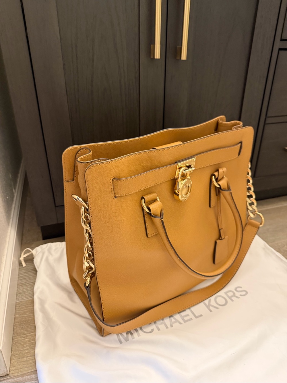 Michael Kors Saffiano Leather Tote in Caramel Tan with Gold Hardware